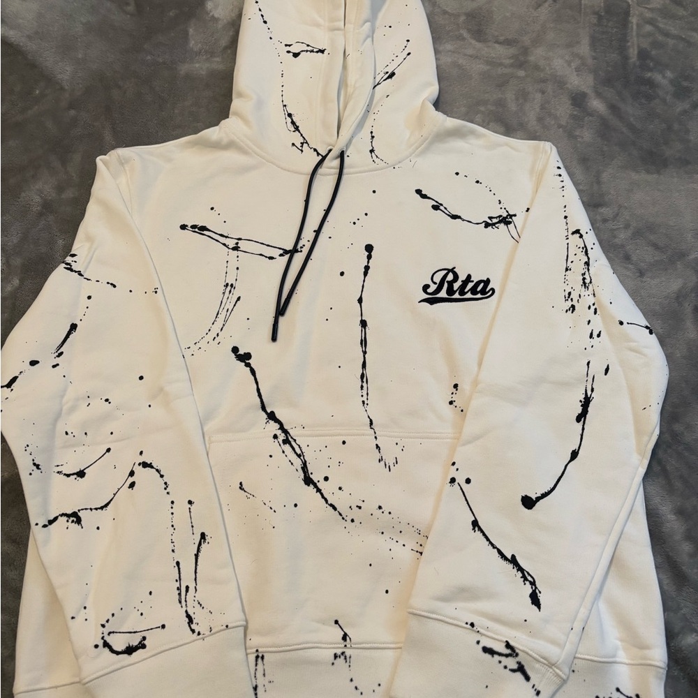 RtA White Hoodie with Black Paint-Splash Design